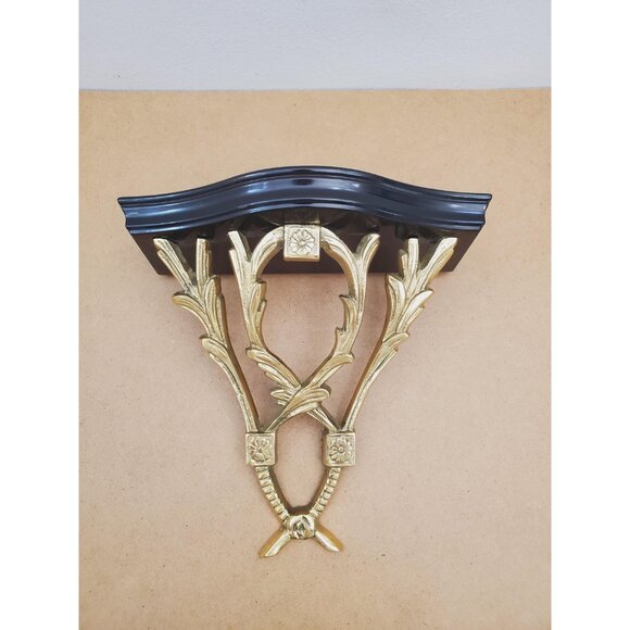 Vintage Solid Brass Ornate Wall Shelf - Vintage Ornate Brass & Wood Wall Shelf - - Picture 2 of 10